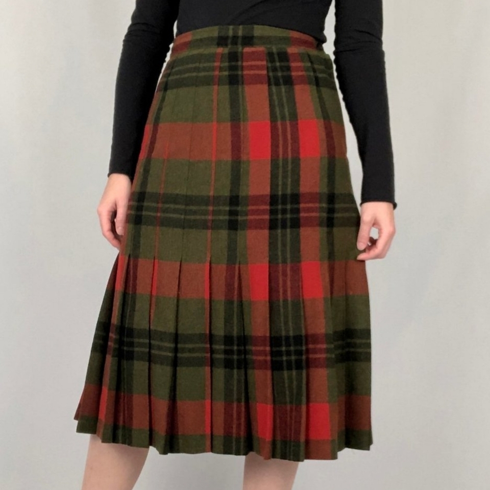 Vintage Saks Fifth Avenue Plaid Tartan Wool Pleated Midi Skirt Preppy Academia
